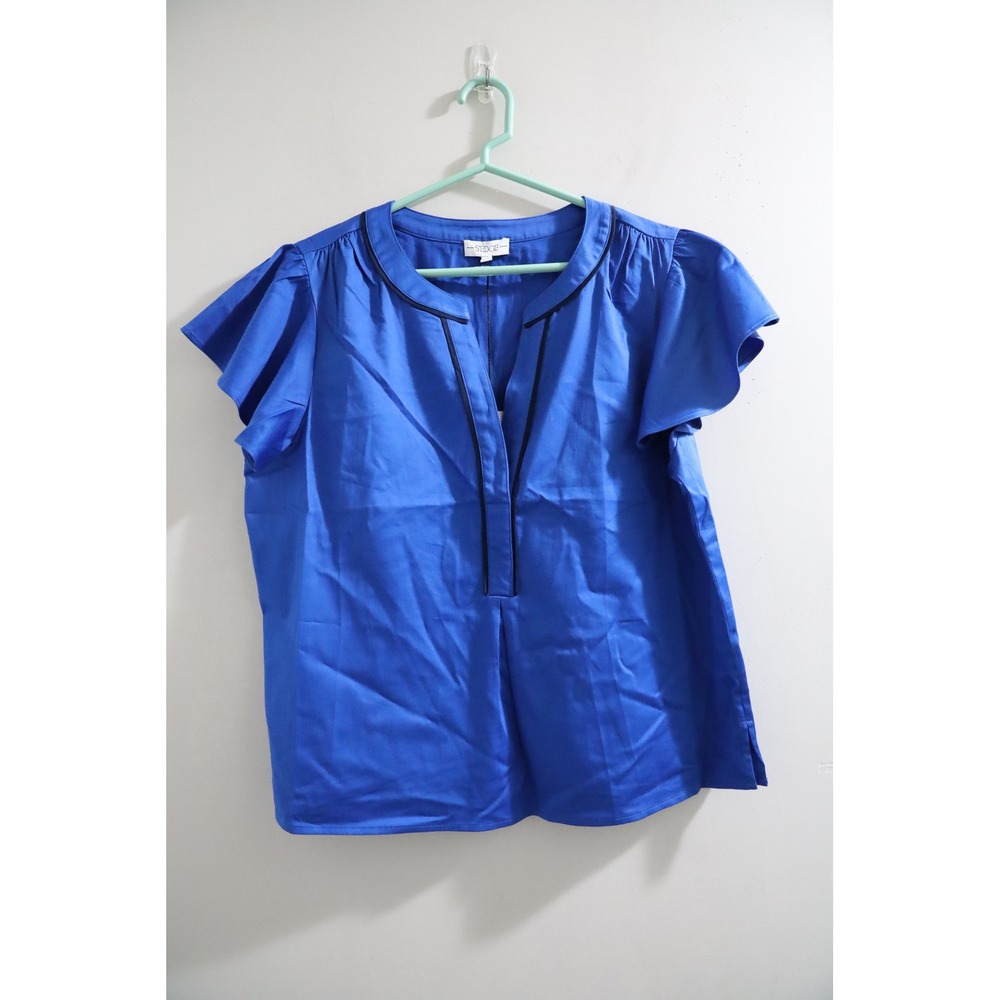 S'EDGE Tara Top Cote D'Azur Blue Flutter Sleeve Split Neck Blouse 32524 NEW M